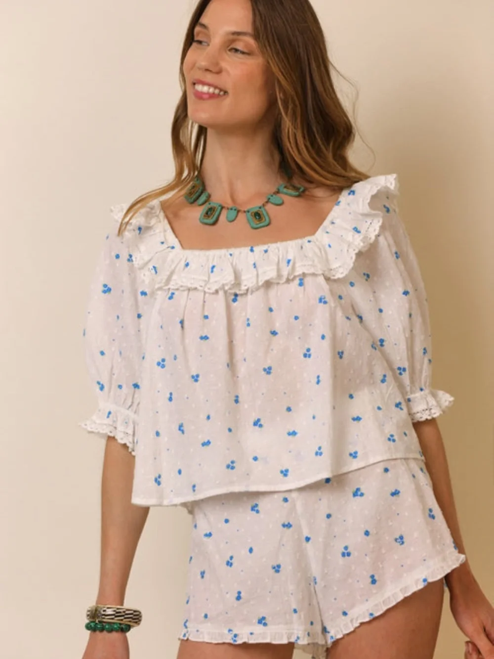 RIXO Cece French Petal Embroidery Pajamas / Top & Shorts Set $205 - Picture 2 of 9